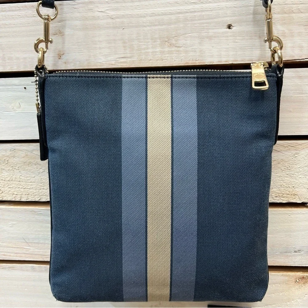 Coach Kitt Crossbody Bag Navy Canvas Stripe Logo Leather Trim F11979 - Picture 6 of 13